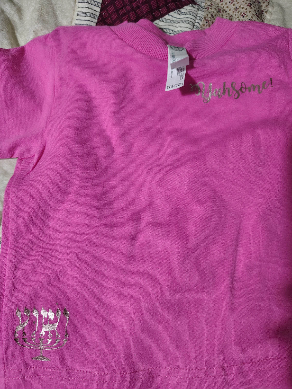 Yahsome! Baby T-Shirt - Pink with Metallic Menorah and Hebrew Lettering