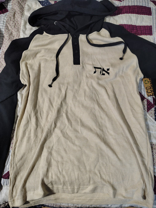 Waffle Knit Henley Hoodie - Tan & Black with Aleph Tav
