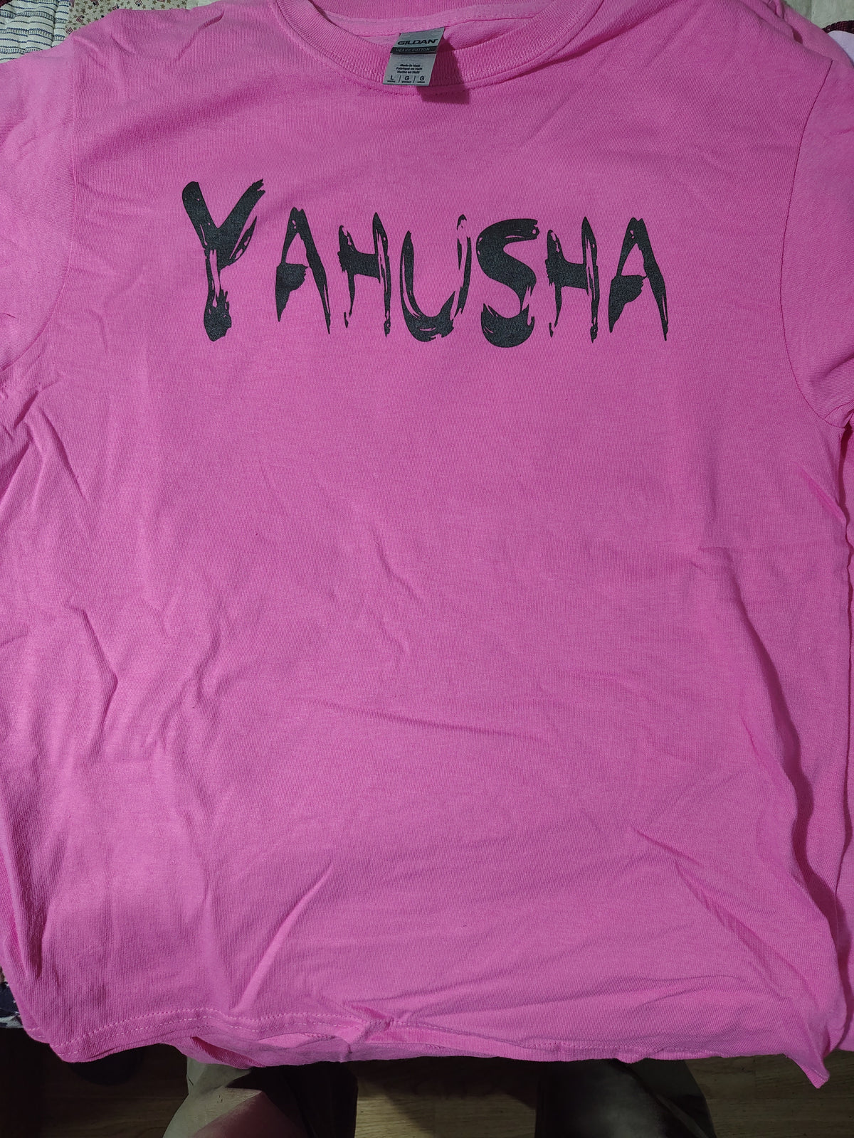 YAHUSHA T-Shirt - Black Brush Lettering on Pink