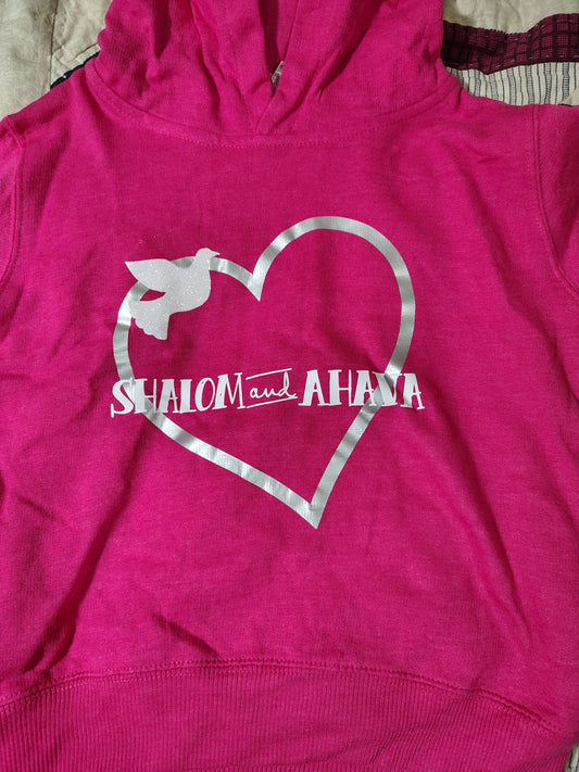 Shalom and Ahava Youth Hoodie - Hot Pink with Heart and Dove