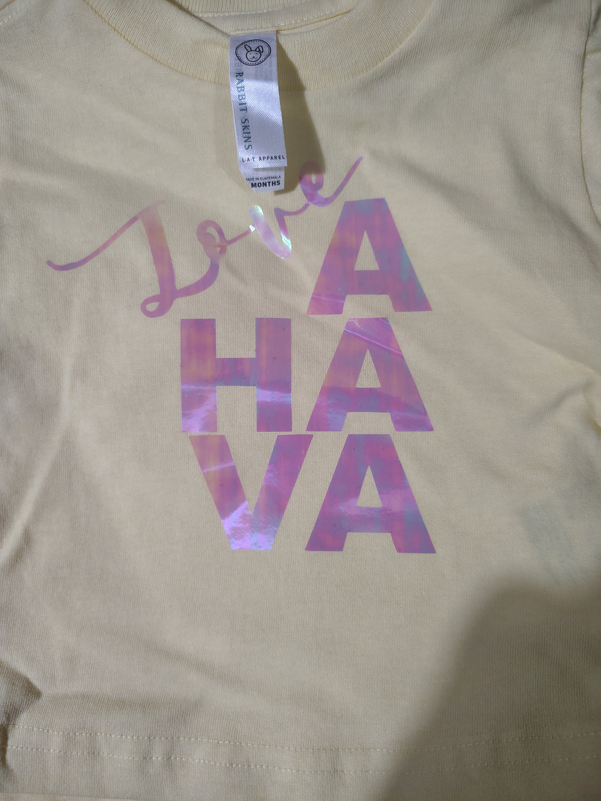 Love AHAVA Baby T-Shirt - Pale Yellow with Holographic Design