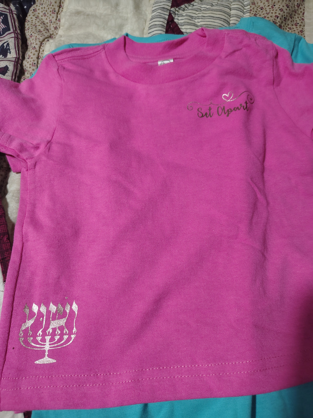 Set Apart Kids T-Shirt - Metallic Menorah and Hebrew Lettering