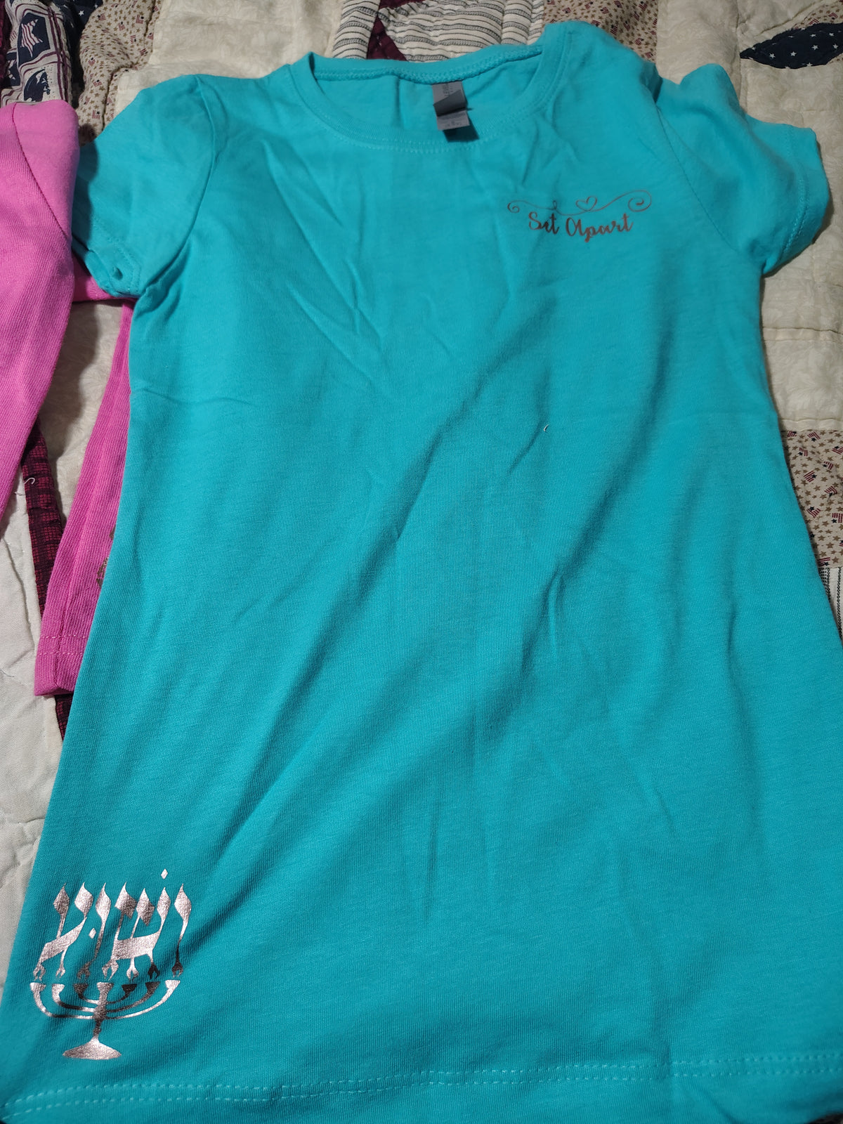 Set Apart Kids T-Shirt - Metallic Menorah and Hebrew Lettering