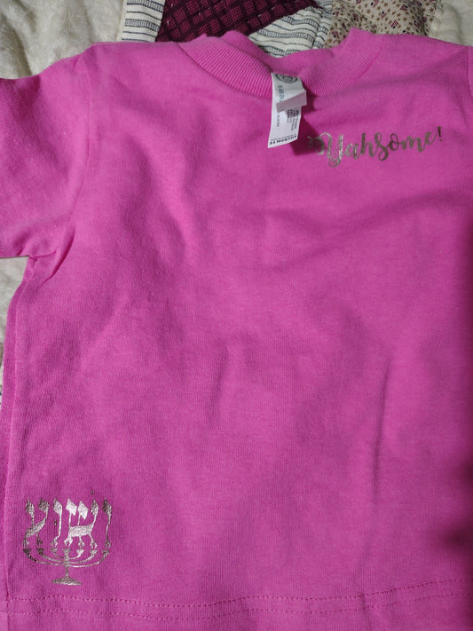 Yahsome! Baby T-Shirt - Pink with Metallic Menorah and Hebrew Lettering