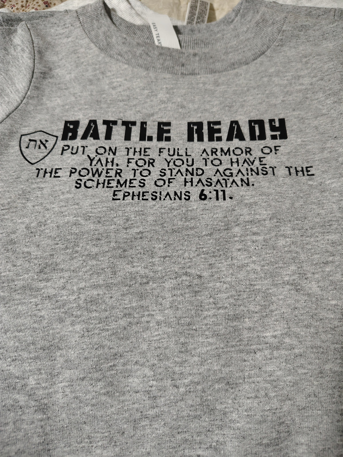 Battle Ready Baby T-Shirt - Gray, Ephesians 6:11