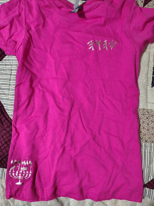 Paleo Hebrew Kids T-Shirt - Hot Pink with Metallic Menorah