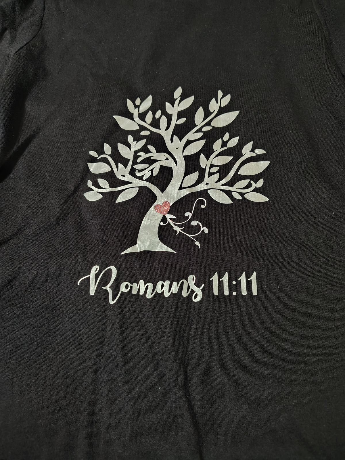 Romans 11:11 Tree T-Shirt - Black with Silver Tree and Heart