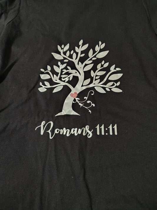 Romans 11:11 Tree T-Shirt - Black with Silver Tree and Heart