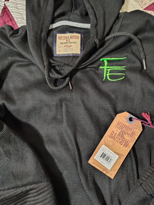 Hudson & Barrow Waffle-Knit Hoodie - Jet Black with Green Embroidered Logo